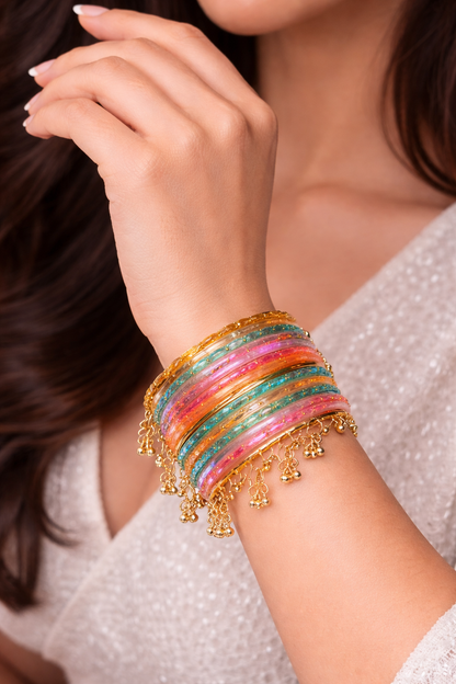 Premium Kashmiri Multicolor Traditional Bangles Set with Golden Charms