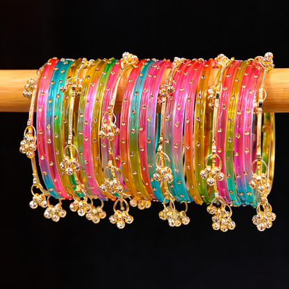 Premium Kashmiri Multicolor Traditional Bangles Set with Golden Charms
