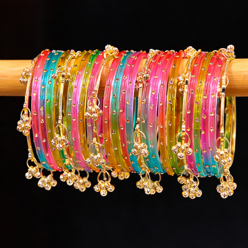 Premium Kashmiri Multicolor Traditional Bangles Set with Golden Charms