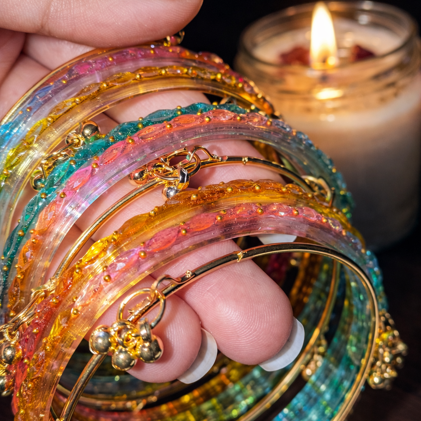 Premium Kashmiri Multicolor Traditional Bangles Set with Golden Charms